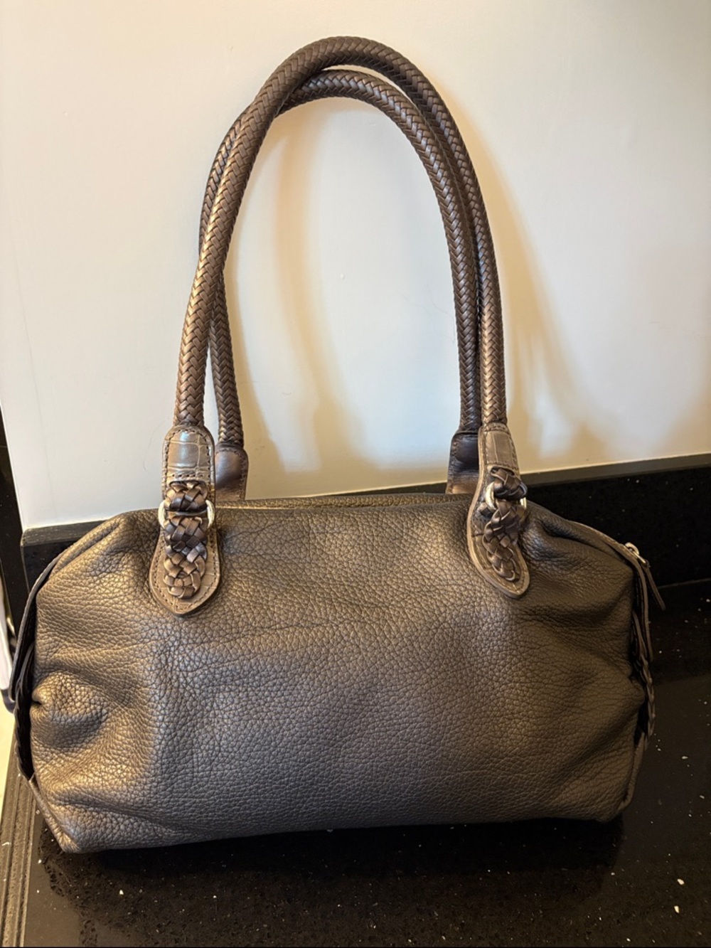 *Brighton Pebbled Leather Double Handles Satchel Handbag Metallic Bronze Hobo - Picture 3 of 17